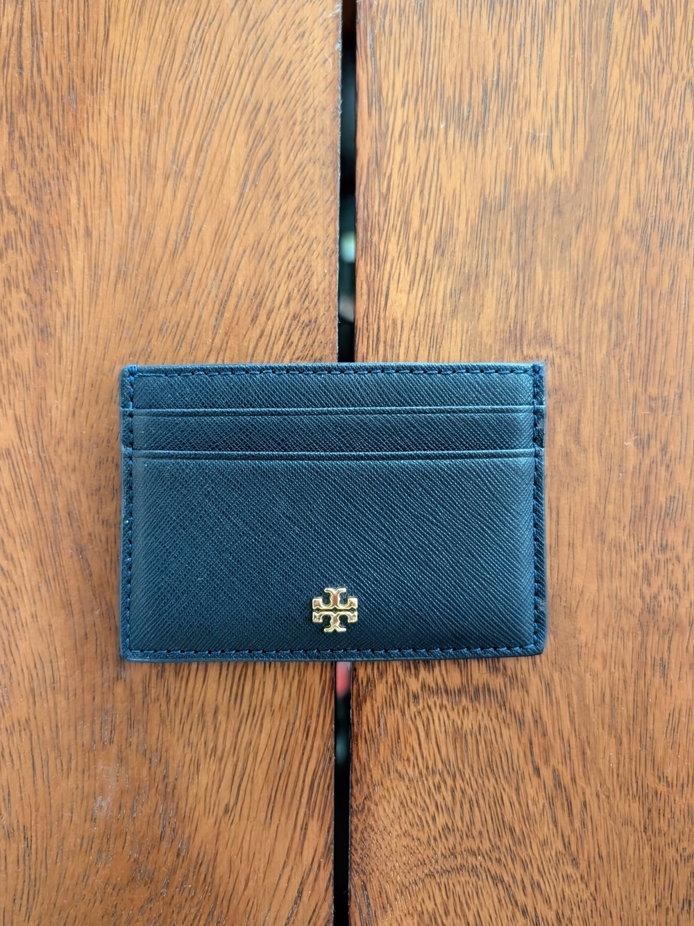 Tory Burch Navy Saffiano Leather Card Holder with Gold Logo
